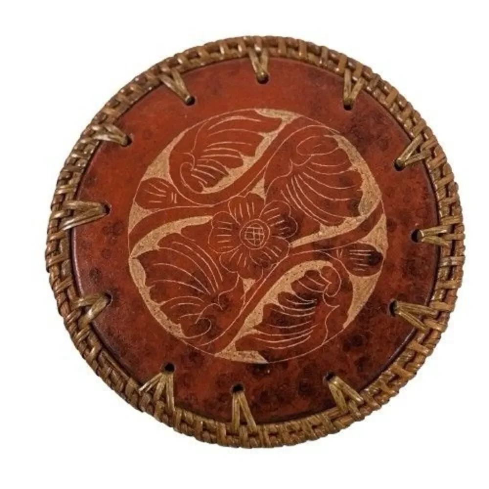 Vintage Pier One Terracotta & Rattan Coasters Set Of 4 MCM Red Stone New w/tags